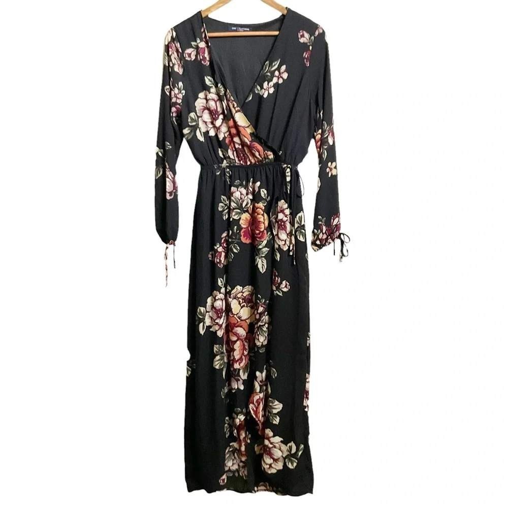 One Clothing Floral Maxi Dress Black Medium Womens Wrap V-Neck Boho Long Sleeve